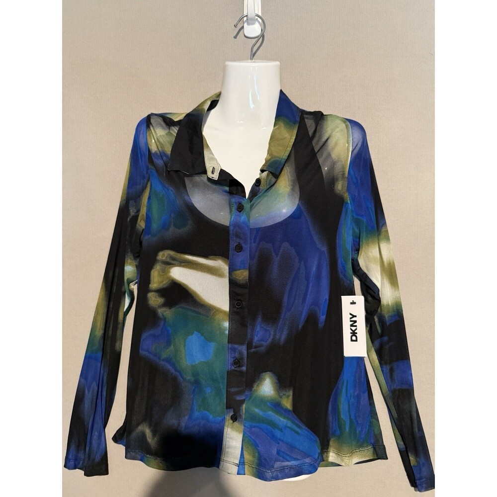 DKNY Womens Printed Button Shirt Large Long Sleeve Abstract Business Casual New